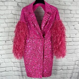 ASOS luxe dress sequins feathers open back fuchsia size 2